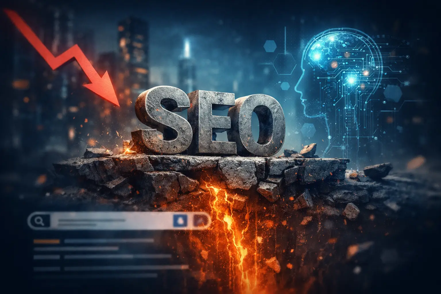 Ilustración conceptual sobre el declive del SEO tradicional frente a la inteligencia artificial